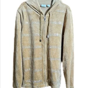 ZENERGY by CHICOS Womens Studded Velour Hooded Jacket Zip Up 1 Medium 8 Tan